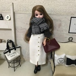 リカちゃん服ベロア風ブラウントップス＆グレンチェック柄マフラー＆フロントボタン白コーデュロイスカート