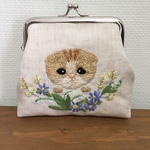刺繍のがま口ポーチ スコティッシュフォールド
