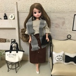 リカちゃん服♡ベージュリブトップス＆フロントボタンブラウンスカート＆マフラーset