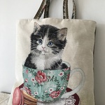 《Hさまご予約品》持ち手が素敵なゴブラン織りの大きなトートバッグ《ティーカップとイタズラネコ》