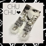 No.①①④ シルバー D チャーム パール  レース ミンクファー ピアス イヤリング / リボン ファー  モチーフ ゆらゆら シンプル モノグラム 