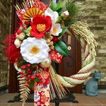 No.wreath-14922/★お正月しめ縄リース（しめ飾り、正月飾り）40x30cm・アートフラワー造花リース★/紅白椿