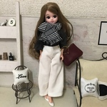 リカちゃん服❤︎ベロア風ブラウントップス＆チェック柄マフラー＆白コーデュロイワイドパンツ ♡リアクロ