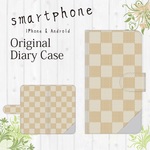 全機種対応☆チェック柄ベージュ☆ワンポイント☆手帳型スマホケース