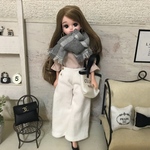 リカちゃん服❤︎ベージュピンク袖ギャザートップス＆白コーデュロイワイドパンツ＆グレーチェック柄マフラーset