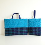 M様専用　くまステッチBlue×緑チェック☆裏地付き2点セット 