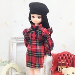 袖フリルワンピース　タータンチェックレッド＊22cmドール