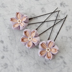 【新色】つまみ細工　古布（正絹）で作った桜の髪飾りの３本セット〈紫桃〉　お花見にぴったり♪