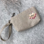 14×9リネンストラップ付き刺繍ポーチ