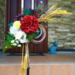 No.wreath-14934/★お正月しめ縄リース（しめ飾り、正月飾り）40x34cm・アートフラワー造花リース★/ダリア＆胡蝶蘭