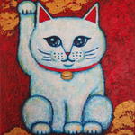 原画 「金色の雲に乗る招き猫02」F3号 ＃招き猫の絵＃右手上げ招き猫＃絵画＃ねこ＃art＃通販＃縁起物アート