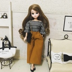 リカちゃん服♡グレンチェック柄オフショルトップス＆キャメル色ワイドパンツ ♡リアルクローズ  
