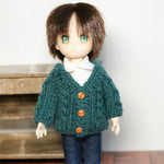 【受注製作】オビツ11 サイズ アラン模様のVネックカーディガン　フォレストグリーン