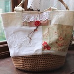 アンティーク手刺繍&リネン*ホームスパンリネン*鳥*ウールかごバッグ