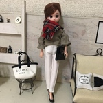 リカちゃん服♡グレージュトップス＆チェック柄マフラー＆白テーパードパンツ♡リアクロ