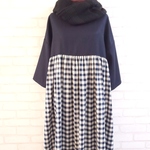 ☆SALE☆　1点限定　ウールネイビーとチェックのギャザー切替ワンピ＆スヌード