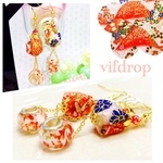 【赤桃 遠山桜柄】紙風船とマーブルトンボ玉の木の葉和ピアス