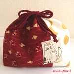 ころんと和柄ねこ巾着　赤千鳥