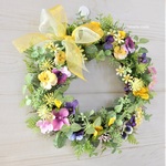 すみれ　薄紫の花をそえて　リボンを選べます：春リース　紫　黄色