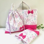 3点セット ゆめかわウサギとネコ柄×ピンク リボンステッチ入り レッスンバッグ&シューズバッグ&体操着入れ（お着替え袋）女の子