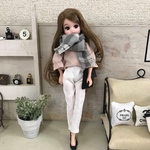 リカちゃん服❤︎ベージュピンク袖ギャザートップス＆白テーパードパンツ＆グレーチェック柄マフラーset