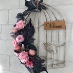 プリザーブドフラワー鳥かごワイヤー壁掛け＊ピンクの薔薇＊Ｗelcome＊⑨
