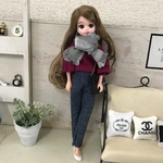 リカちゃん服♡ワインレッドトップス＆チェック柄マフラー＆デニムテーパードパンツ♡リアクロ