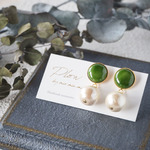 【再販売】七宝焼♡コットンパールピアス　～ペリドットグリーン～