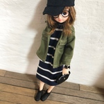 カーキポケット付きアウター＋BK×WHボーダーハイネックワンピセット