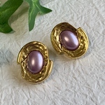 【24×20mm 】ヴィンテージ オーバルパールデザインアクリルボタン ゴールド×パープル 2個セット