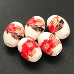 【534】花柄の磁器バレルビーズストランド★レッド 10mm/5個