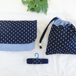 \便利なランチベルト付/イカリ柄のお弁当袋（横入れ）＆コップ袋【ネイビー×ブルーダンガリー】入園準備に♪ 