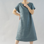 【wafu】中厚 リネン ワンピース フレンチスリーブ ドレス　膝下丈 ビックTシャツ / エタインブルー a41-64
