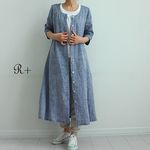 大人の日常着100％リネン霜降りブルーのコートワンピース