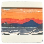  ちぎり絵  夕焼けの江の島の富士山