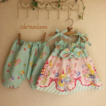 【受注オーダー】かわいいベビー服♪4wayチュニック&スカートとかぼちゃパンツセット（ファンシーアニマルパーティーミントグリーン）