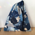  w35×40cm 大きめトレーナーや長袖が入る 体操着袋 体育着袋 給食着袋 ★  紺色デニムポケットネコ柄