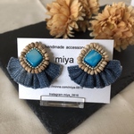 ［イヤリング］デニムフリフリビーズ刺繍