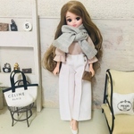 リカちゃん服❤︎ベージュピンク袖ギャザートップス＆センタープレス白ワイドパンツ＆グレーマフラーset