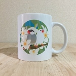 文鳥マグカップ「プルメリアと2羽の文鳥」