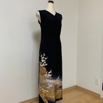 【d様リクエスト品】桜 花鼓 金彩 黒留のロング丈シンプルフォーマルワンピース★着物リメイク