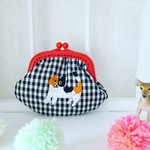 刺繍のがまぐち ギンガムチェック  三毛猫