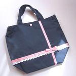 2足用シューズバッグ　紺×ピンクステッチリボン