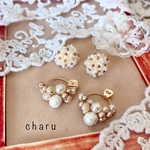 リングビーズ刺繍ピアス(アイボリー&ブロンズ)