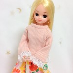 袖裾レースリブニットとスカートのセット　ペールピンク＊リカちゃん