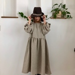u様専用🌱リネンバルーンカフスリボン袖のワンピース🌱ベージュ
