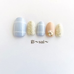 ブルー☆ふんわりカラーのチェックネイル/チェック/ダスティカラー/スワロフスキー