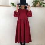 リネン🌱バルーンカフスリボン袖のワンピース🌱赤