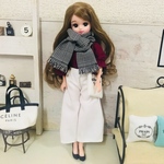 リカちゃん服♡マゼンタピンクトップス＆グレンチェック柄マフラー＆白ワイドパンツ♡リアルクローズ  