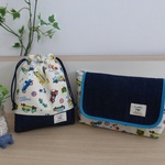 【横入れ弁当袋】＊車柄　横入れ弁当袋&巾着セット